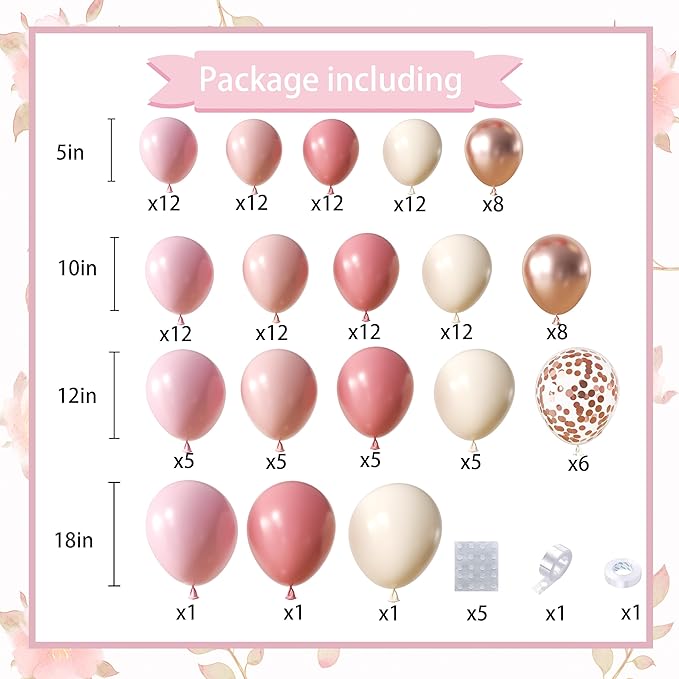 Woaipati Dusty Rose Pink Balloon Arch Kit, 148Pcs Dusty Pink Macaron Orange Pastel Pink White Sand Rose Gold Confetti Balloons for Baby Bridal Shower Wedding Engagement Birthday Party Decorations