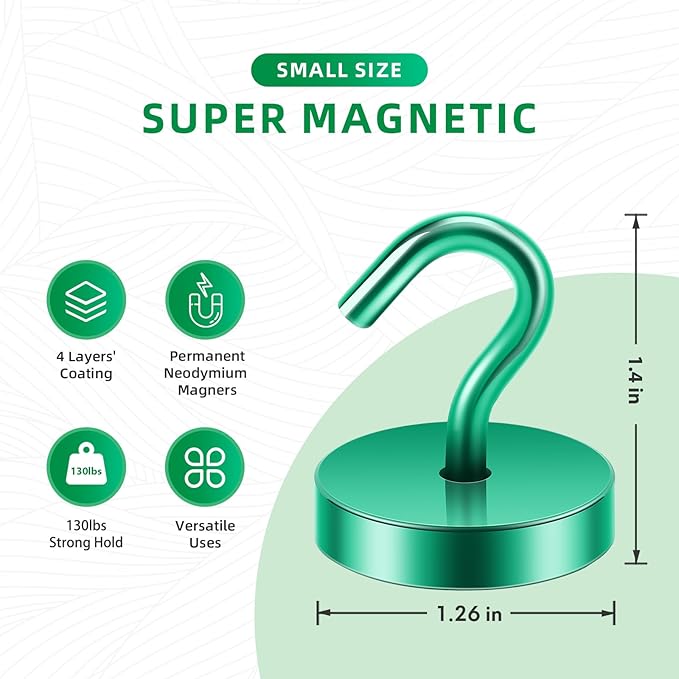Neosmuk Magnetic Hooks, Cruise Ship Essentials, 130lb+ Heavy Duty Magnetic Hooks for Cruise Cabins, Refrigerator, Grill, Hanging, and Travel | Extra Strong Must-Have Magnet Hook, Green
