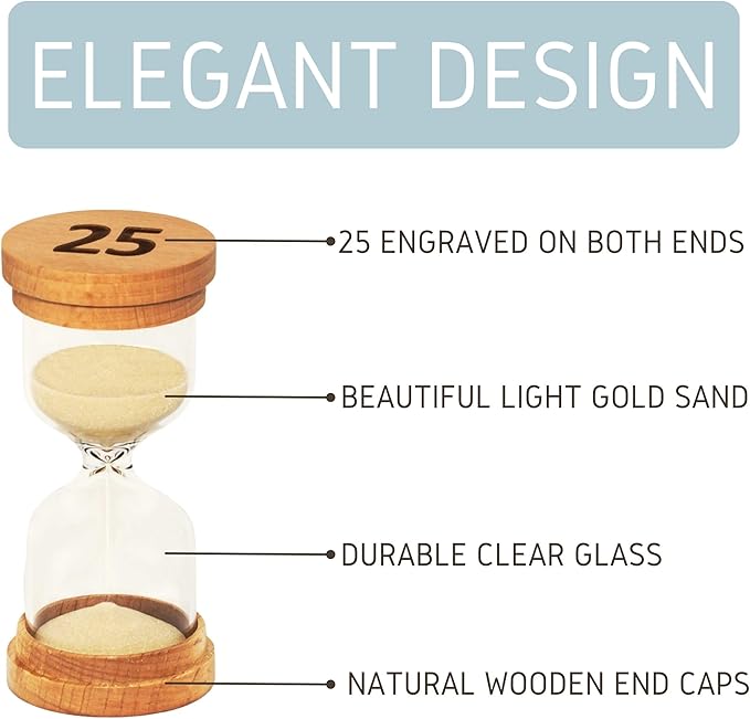 25 Minute Sand Hourglass Timer - Glass Sand Clock 25 Min - Modern Hourglass Watch with Wooden End Caps for Kids, Games, Classroom, Kitchen, Home or Office Decor