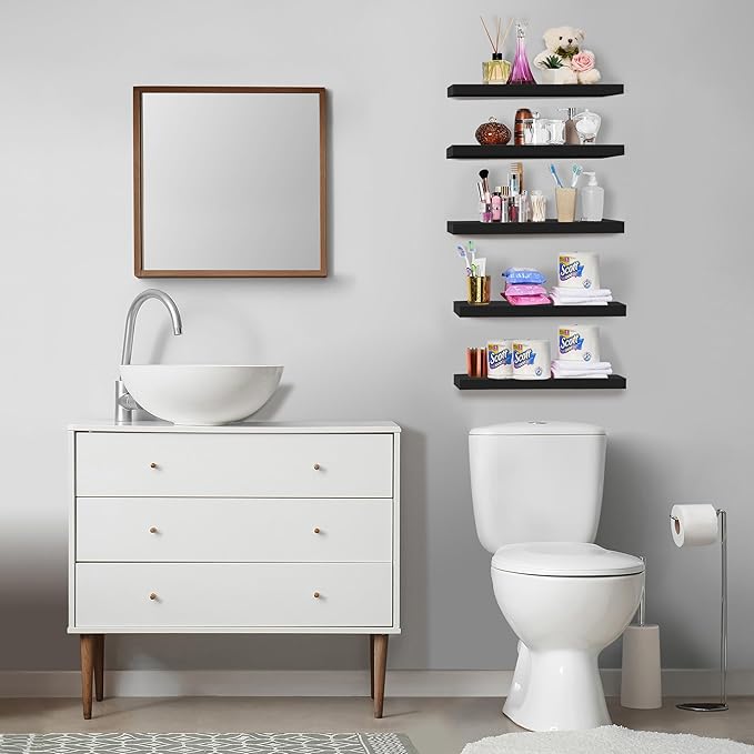 Sorbus Floating Shelves for Wall, Bathroom Shelves Wall Mounted for Kitchen, Bedroom, Living Room, Bathroom Storage, Over Toilet, Hanging Book Shelf for Wall Home Decor (Black, 5 Pack)
