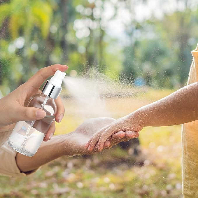 Fumete 2 Pack Glass Bottles 4oz Empty Refillable Liquid Containers with 1 Label 1 Funnel for Essential Oils Hair Travel Plants Cleaning Skin Care(Clear, Silver Top,Mist Bottle)