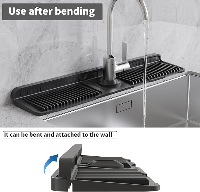 WAFT YEARN 24X5 Inch Silicone Durable Faucet Mat Kitchen Sink Splash Guard Draining Protector Tray Liner Absorbent Protective Counter Accessories For Sink Kitchen Bathroom Laundry Room Bar & RV Black