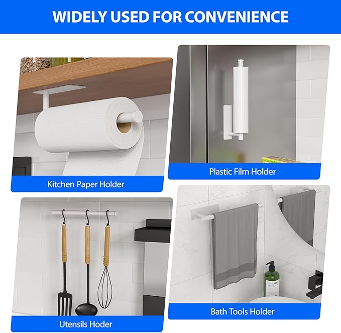 Paper Towel Holder Under Cabinet, Self-Adhesive,No Drilling, Stainless Steel, Wall-Mounted for Kitchen and Bathroom, Easy Install, Durable, Space-Saving, Ideal for Home, RV (White, 1 Pack)
