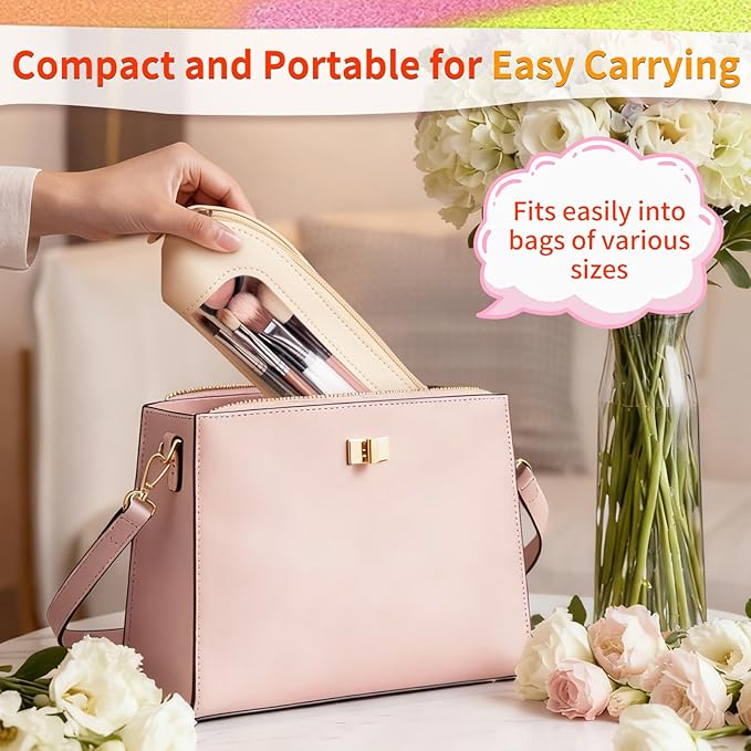 Small Double Sided Clear Makeup Bag - Waterproof Portable Makeup Brush Bag PU Leather Travel Makeup Brush Case Cosmetic Organizer Pouch with Zipper for Women Home Travel Office (White)