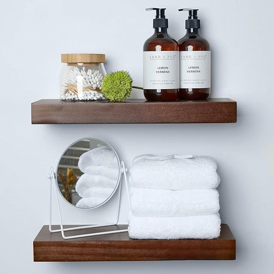 Homeforia Walnut Floating Bathroom Shelves, High-End Solid Real Wood 16-inch Small Floating Shelf for Wall Mounting, Dark Brown 16-inch Floating Shelves, Heavy Duty Bracket, 16 X 6.5 X 1.75 in, Set of 3