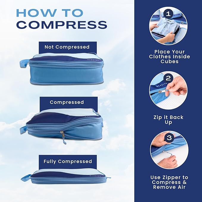 Compression Packing Cubes, 4 Set Packing Cubes for Travel, Travel Essentials for Men, Compressible Package Organizer for Suitcases, Navy Blue