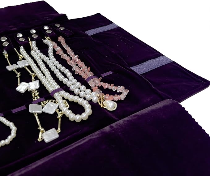 UnionPlus Velvet Travel Jewelry Roll Bag Organizer for Necklace, Elastic Band and Anti-winding, Large, Purple
