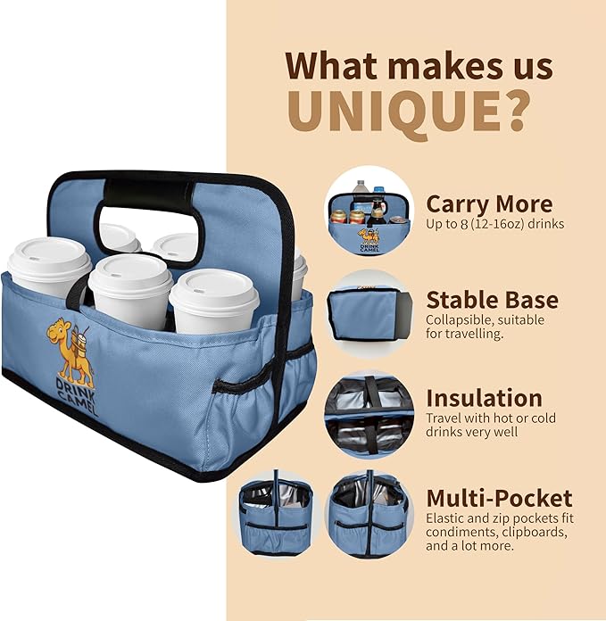 Reusable Drink Carrier with Handle, Foldable 6 Cup Drink Holder Carrier for Delivery, Coffee Cup Carrier, Portable Cup Holder Bag for Drinks, to Go Beverage Drink Organizer (Baby Blue)