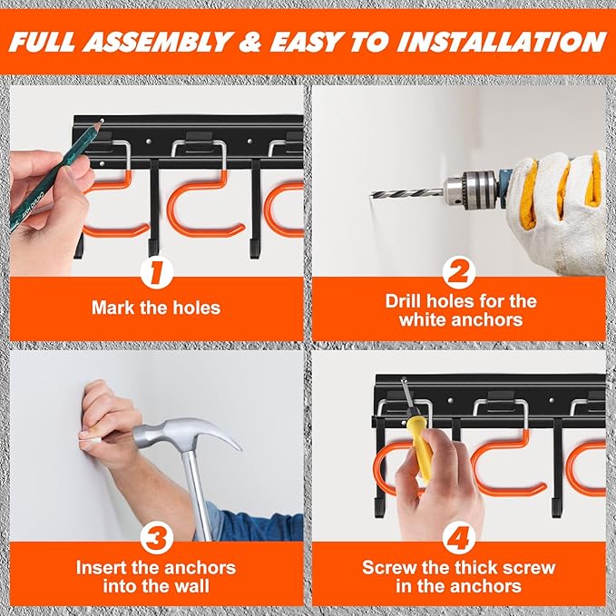 51'' All Metal Garden Tool Organizer Adjustable Garage Tool Organizer Wall Mount Garage Organizers and Storage with Heavy Duty Hooks Tool Hangers for Garage Wall, Shed, Garden