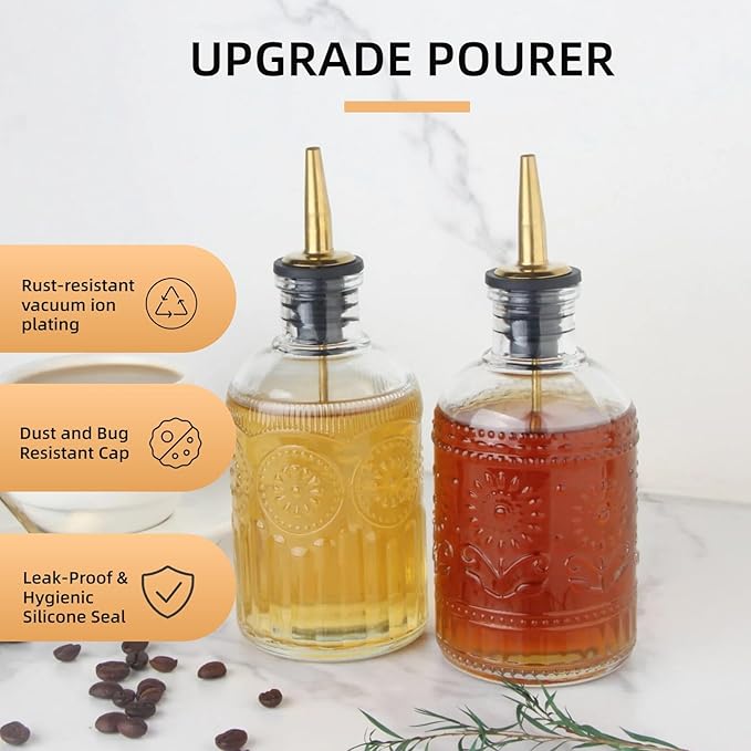 Simple Syrup Bottles Set of 2, Glass Coffee Syrup Dispenser Bottles 7 OZ With Metal Pour Spout, Labels and Stopper, Glass Syrup Dispenser for Maple Honey Syrup Oil and Sauces, LC002