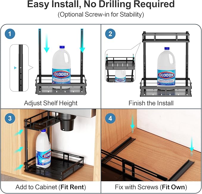 iSPECLE Under Kitchen Sink Organizer - 2 Pack Height Adjustable Pull Out Cabinet Organizer Fit Around Plumbing & Disposal, Heavy-Duty Undersink Storage Sliding Get Item for 30" - 36" Wide Sink Cabinet