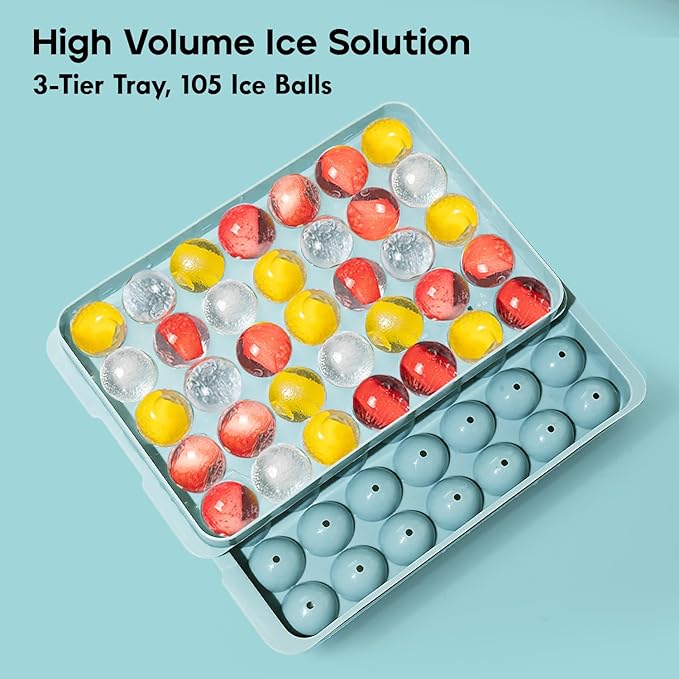 Ice Cube Trays with Lid and Bin, 1.0 IN Small Round Ice Cube Mold - 3 Pack (35 per Tray) Easy Release Stackable Ice Ball Maker Iced Bucket Kits, Circle Ice Tray for Cocktail, Whiskey & Drinks, BPA-Free