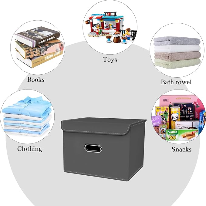 Fabric Foldable Collapsible Storage Cube Bin Organizer Basket with Lid, Handles, Removable Divider for Home, Closet (Grey, 6Pcs)