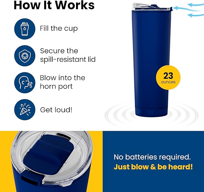 The LoudCup Blow Horn Tumbler, Cheer & Sip 2-in-1 Reusable Water Bottle with Built-In Horn for Sports Games, Tailgates, Parties & Events, BPA-Free