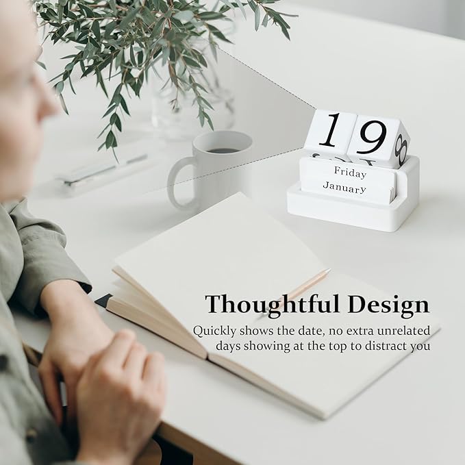 Wooden Block Calendar for Desk, Daily Desktop Perpetual Desk Calendar, Modern Farmhouse Aesthetic Desk Accessories for Home Office Decor, Teacher, Classroom, Reusable Yearly, White