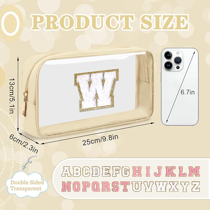 Small Clear Personalized Initial Makeup Bag, Preppy A-Z Chenille Letter Patch Cosmetic Bag, Cute Transparent Nylon Waterproof Zipper Beach Varsity Letter Pouch, Gift for Women Girls(Beige-White W)
