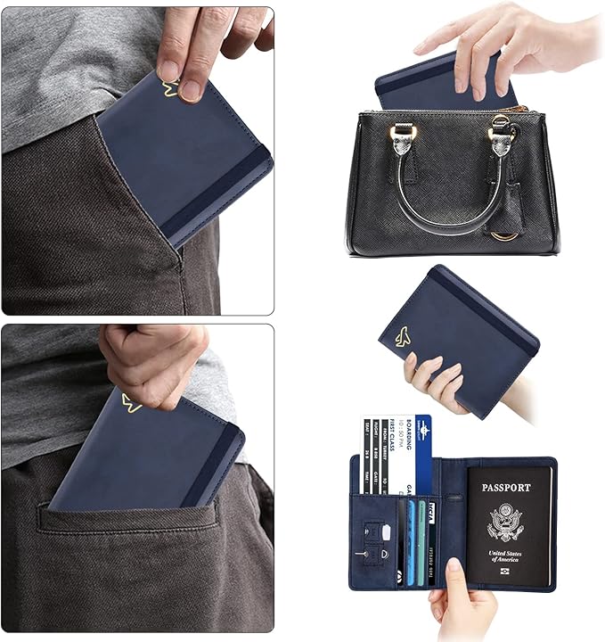 WALNEW Passport Holder for Travel, RFID Passport Cover Wallet for Women Men, PU Leather Passport Book Card Holder Case with Pen, Travelling Essentials for Flying