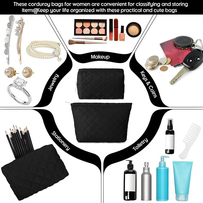 2 Pcs Pencil Case Quilted Makeup Bag Aesthetic Cosmetic Pouch for Women Puffer Travel Toiletry Bag Set Cotton Small Purse Pouch Makeup Organizer with Zipper(Black)