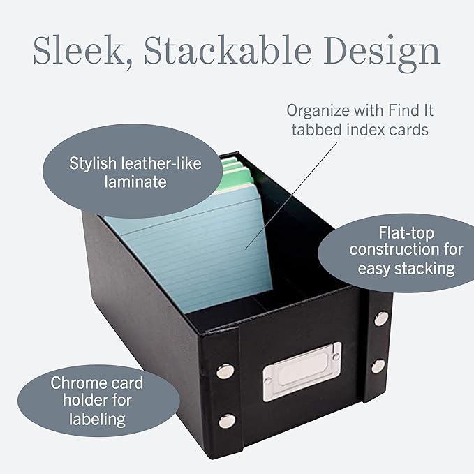 Snap-N-Store Index Card Holder - Collapsible Organizer Box fits 1100 5x8-Inch Flash Cards - Business, Recipe, or Note Card Storage Boxes - 2 Pack, Black
