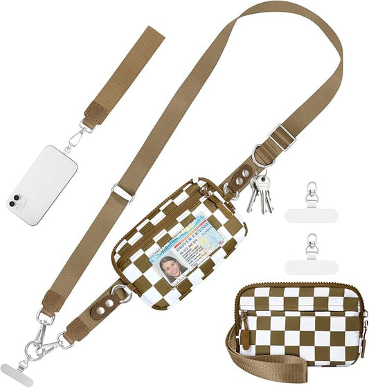Clip and Go Strap for Phone with Wallet Crossbody Phone Lanyard and Detachable Checkered Bag with ID Window and RFID Pouch for Daily Travel.