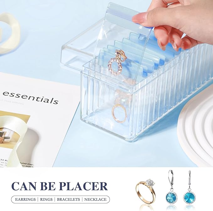 Acrylic Jewelry Box Organizer, Clear Jewelry Organizer Holder with 20 Portable Anti Tarnish Jewelry bags, Travel Jewelry Case for Earrings/Rings/Necklaces for Women Girls, Blue