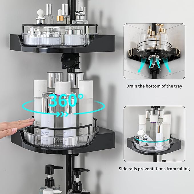 360° Rotating Shower Caddy Tension Pole, 3 Tiers Corner Shower Organizer for Bathroom Shelf Bathtub, Adjustable Standing Shower Rack Bathroom Accessories, Easily Assemble, 34-124 Inch Height, Black