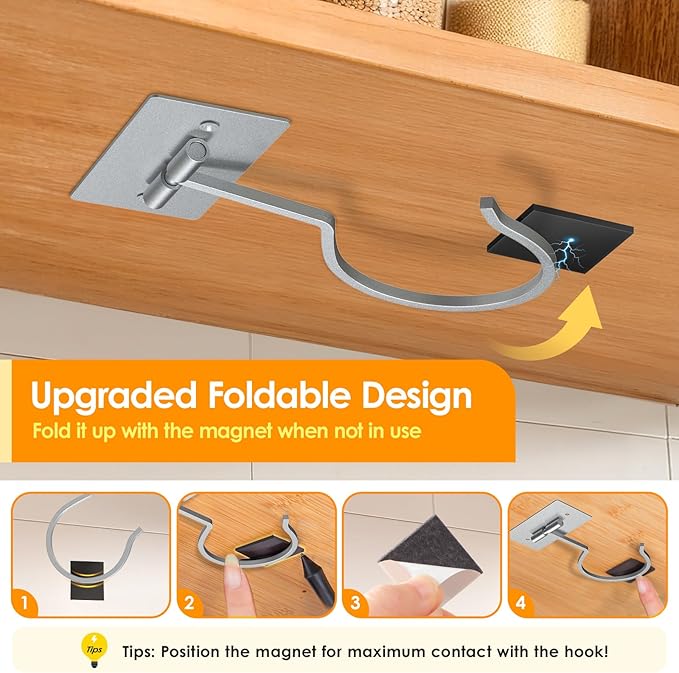 2PCS Self Adhesive Banana Hook Under Cabinet Foldable Banana Hanger Metal Under Counter Banana Hook to Keep Bananas Fresh Banana Holder for Kitchen RV Space Saving, Silver
