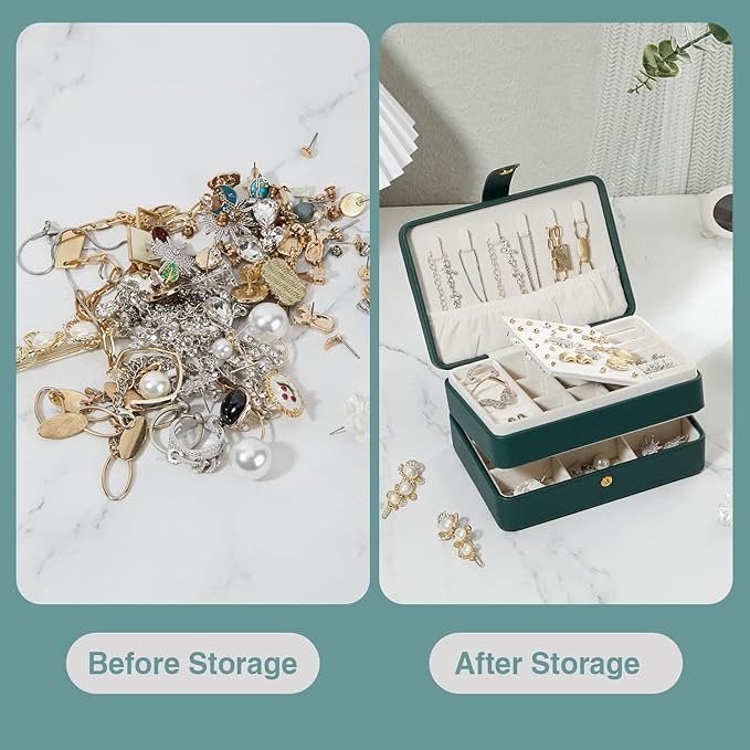 Jewelry Box for Women and Girls, PU Leather Made Jewelry Organizer, 3 Layers Jewelry Storage for Rings, Earings, Necklaces, Bracelets, Valentines Day Gifts (Green+Small)