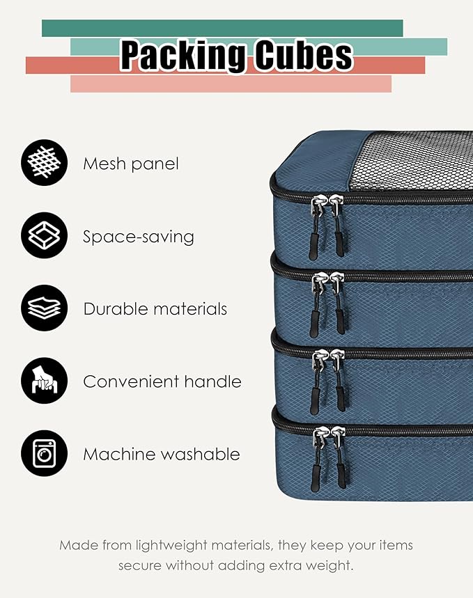 4-Piece Packing Cubes Travel Accessories Set for Suitcases - Luggage Organizer Bags with Double Zipper - Mesh Top - Large - Dark Blue
