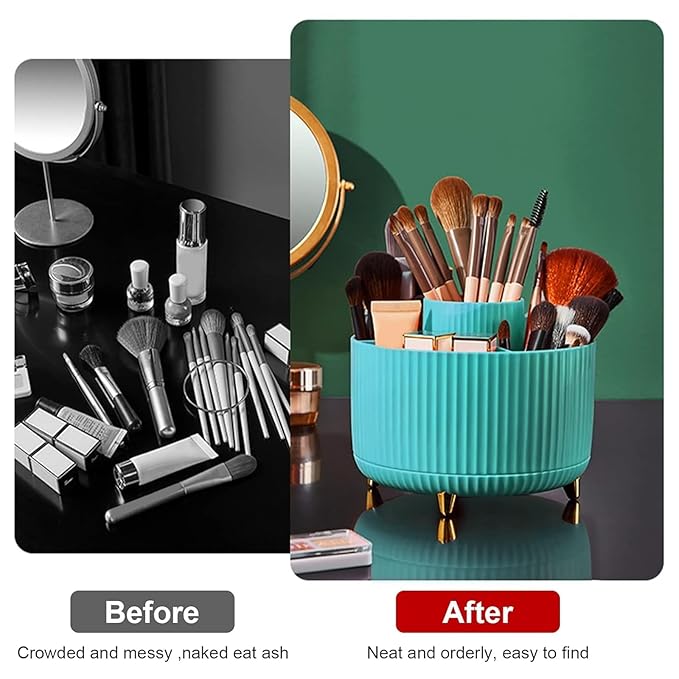Diesisa 360 Rotating Makeup Brush Organizer With 5 Sections, Spinning Countertop Swivel Makeup Brush Holder for Cosmetics, Nail Polish, Art Supply, Bathroom Vanity Desktop Organizer - Blue