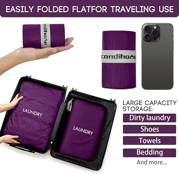 Travel Laundry Bag (2 Pcs - Large + Medium) - Foldable Waterproof Washable Wet Dry Bag for Gym, Swimming, Yoga, and Workout Perfect for Dirty Clothes, Bathing Suits, Travel Accessories (Purple)