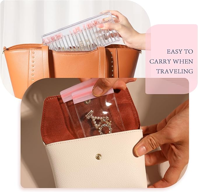 Acrylic Jewelry Box Organizer, Clear Jewelry Organizer Holder with 20 Portable Anti Tarnish Jewelry bags, Travel Jewelry Case for Earrings/Rings/Necklaces for Women Girls, Pink