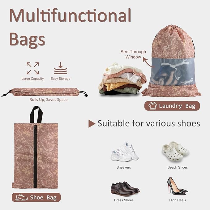 U+U 5 Set Packing Cubes for Travel Essentials Ultralight Luggage Packing Organizers with Laundry Bag and Shoe Bag for Vacation, Business Trip and Camping (Paisley Pattern)