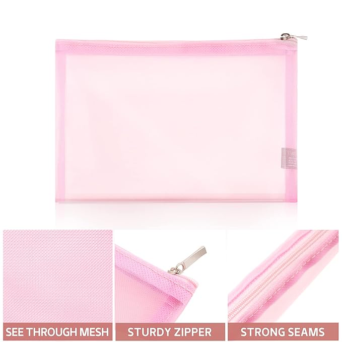 EASYFUN Mesh Pouch, Makeup Bag with Zipper Cosmetic Organizer Pouch for Daily or Travel to Keep Small Items, 4 PCS Pink