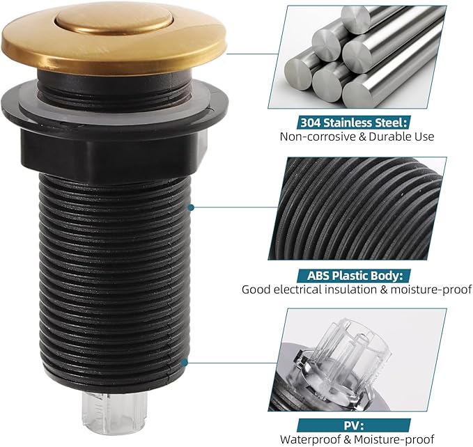 RQYEKDO Garbage Disposal 2.5" Air Switch Kitchen Sink Top Long Stainless Steel Brushed Nickel Long for Food and Waste Disposal On/Off Air Button Parts Gold