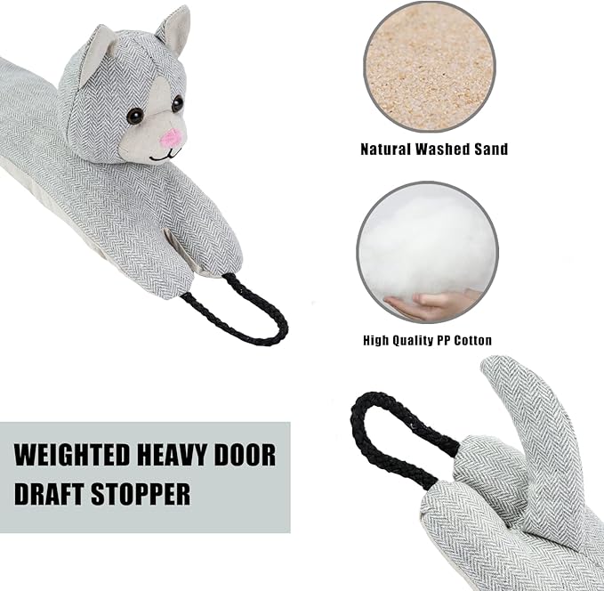 Marwood Under Door Draft Stopper Decorative Wind Stopper 36 inch for Door & Window, Weighted Animal Air Draft Stopper Snake Noise Blocker for Bottom of Door with Hanging Loops - Grey Cat