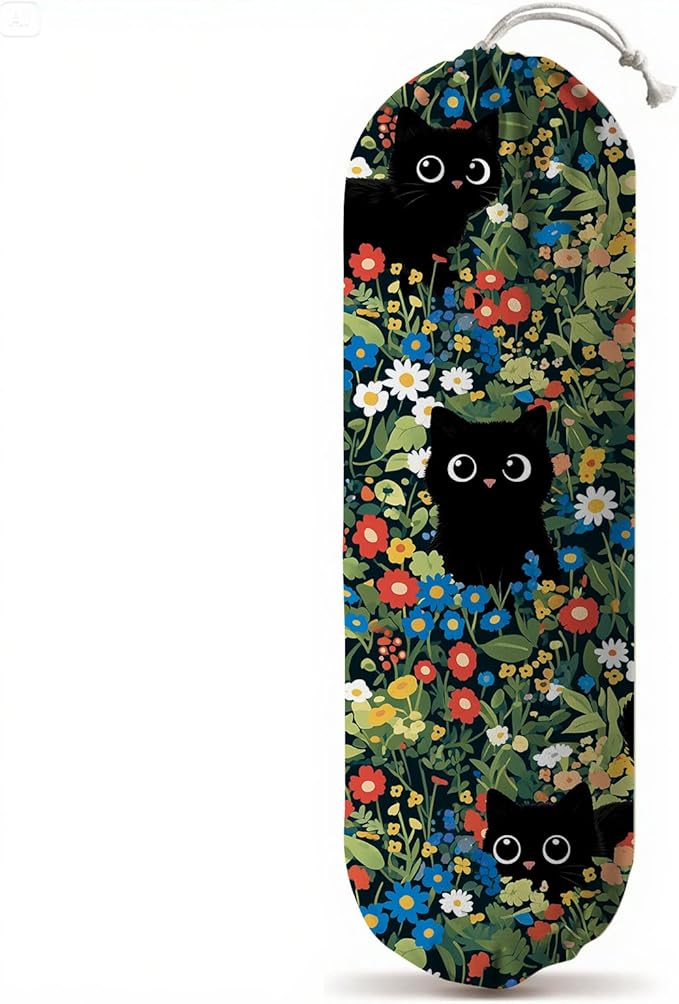 Plastic Bag Holder, Grocery Bag Organizer Storage, Kitchen Dispenser Holders Reusable Shopping with Adjustment Drawstring Closure for Kitchen Farmhouse Decor, Black Cat Flower
