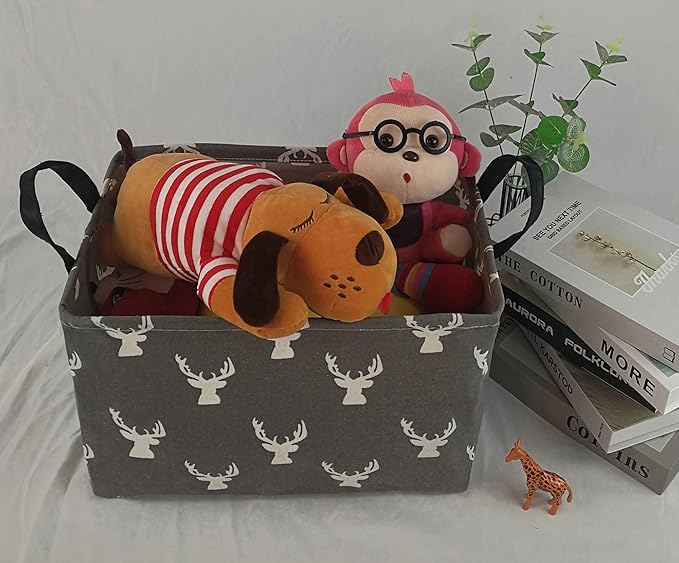 KUNRO Rectang Deer Storage Basket Gift Shelf Basket Storage Bin, Nursery Basket Organizer Box for With Handles for Room Deco (Grey deer)