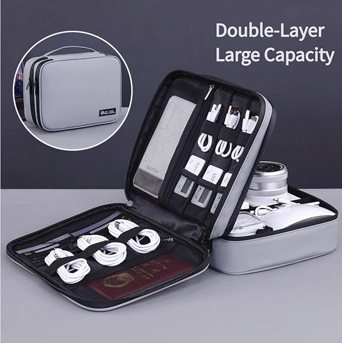 Electronics Organizer Travel Case,Cord Organizer Travel, Double-Layer Cable Organizer Bag, Tech Pouch Accessories Carry Storage For Phone, Cables, Airpods, USB, Sd Card, Essentials (Grey)