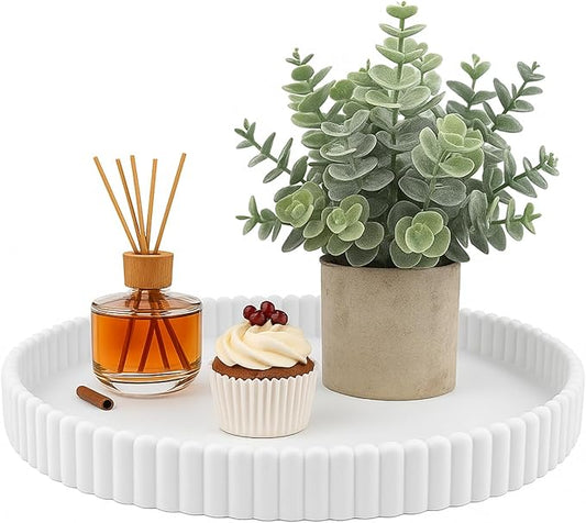 11.8in Decorative Tray for Coffee Table Decor- White Oval Concrete Tray for Home Decor- Scalloped Flat Modern Centerpieces Tray Decor for Living Room, Kitchen Dining Table, Entryway (White)