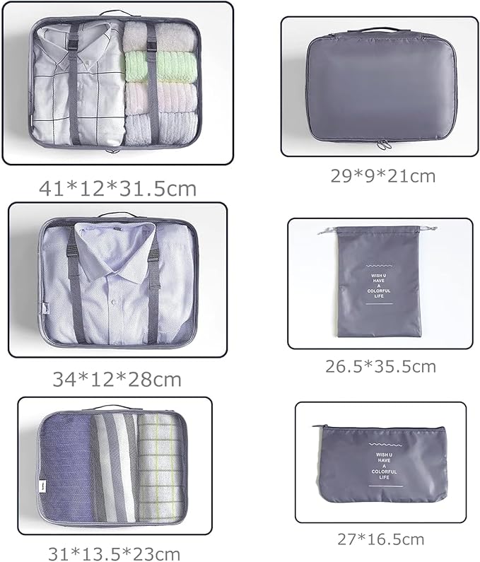 6 Set Packing Cubes for Travel, Luggage Organizers with Shoe & Toiletry Bags, Lightweight Suitcase Organizer for Carry-On, Washable Laundry Bags(Grey)