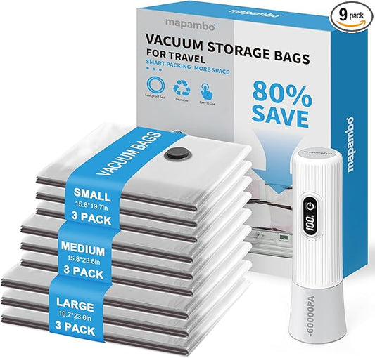 Mapambo Travel Vacuum Bags with -60000Pa LED Electric Pump, 9 Pack Vacuum Seal Bags for Clothing Travel in 3 Combo sizes, Space Saver Vacuum Storage Bags, Saving up to 80% of Space (9 Combo)