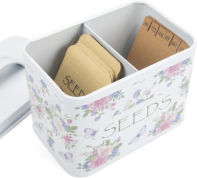 Katai – Seed Storage Box – Durable Metal Organizer for Gardeners with Lid, Monthly Dividers, 20 Envelopes & Pencil – Compact Floral Seed Packet Box