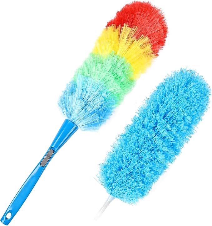 iHUFeather Rainbow Static Duster 24inch Reusable Microfiber Electrostatic Dusters with 2 Beandable and Washable Duster Head for Cleaning Home, Office, Car