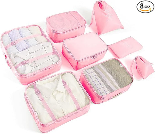8 Set Packing Cubes for Suitcases Travel Luggage Packing Organizers, Travel Essentials Luggage Organizer Accessories for Shoe Bag Toiletry Bag Laundry Bag (Pink)