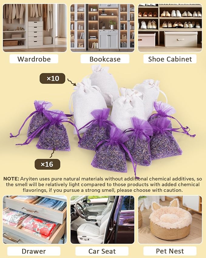 26 Pack Cedar Chips and Natural Dried Lavender Sachets Bags - Stop Clothes Damage, Cedar and Lavendar Home Fragrance for Drawers and Closets