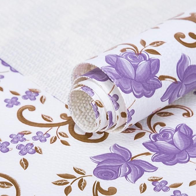 12X120 Inch Shelf Liner for Kitchen Cabinets, PVC Drawer Liner for Dresser Non-Slip Bathroom, Non-Adhesive Cabinet Liner Washable (Purple Floral)(3 Roll)