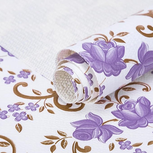 18X96 Inch Shelf Liner for Kitchen Cabinets, PVC Drawer Liner for Dresser Non-Slip Bathroom, Non-Adhesive Cabinet Liner Washable (Purple Floral)(3 Roll)