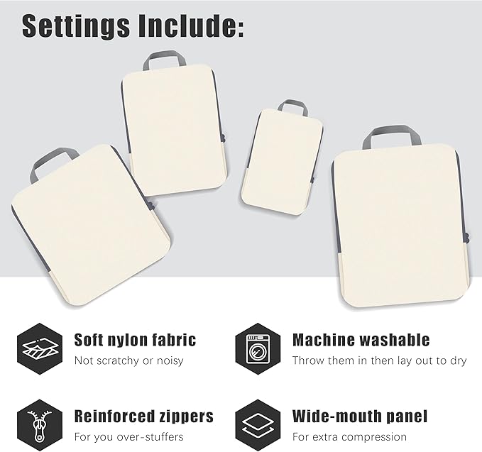 4 Set Compression Packing Cubes Travel - Travel Accessories Expandable Packing Organizers for Carry On - Essentials Luggage Bags - Beige