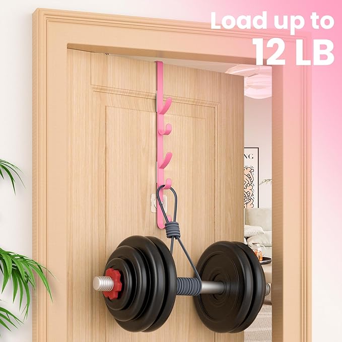 Over The Door Hooks, Metal Door Hooks for Hanging, Over The Door Purse Organizer for Door Coat Hanger, Back of Shower for Hanging Towel Rack Clothes, Hat, Bathroom, Closet (Pink-2Packs)